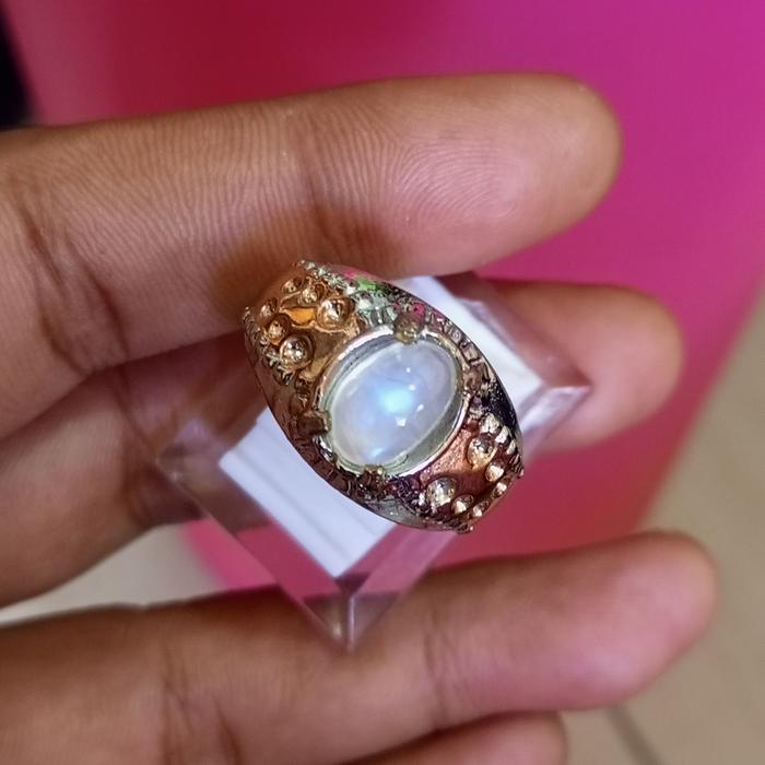 Moonstone Ceylon Biduri Bulan Air Laut 10x6,5x4 Ring Alpaka Size 8
