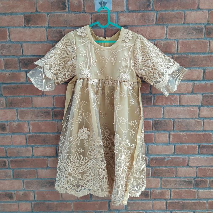 PL - Gaun Pesta Balita Anak Cewek Premium Brokat Like New Gold Mutiar
