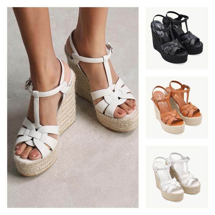 Saint Laurent YSL Tribute Espadrilles 12cm T strap Wedges Sandals in 3 colors