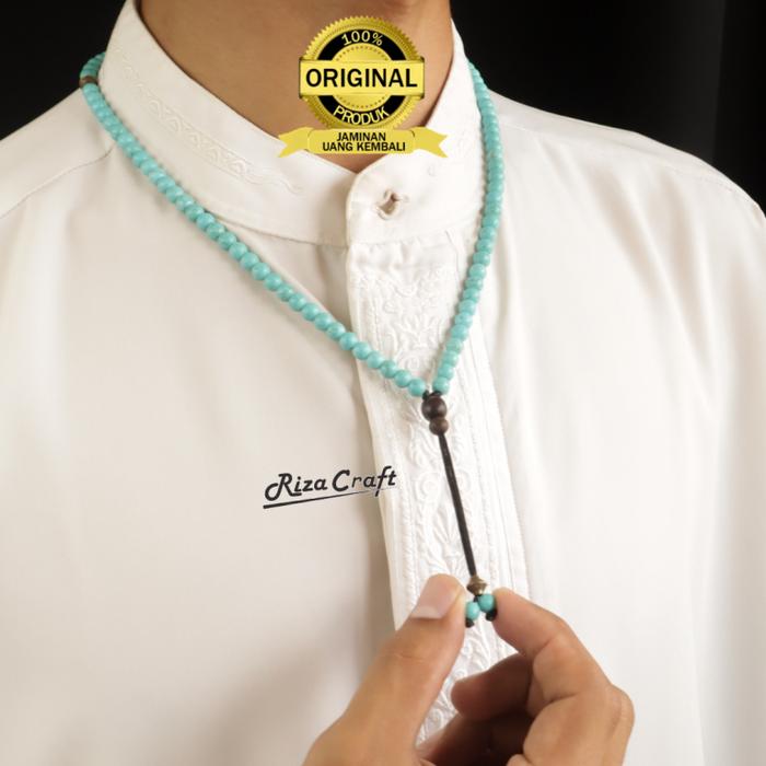 Kalung Tasbih Batu Pirus Persia Urat Emas ASLI 99 Butir Natural 6 mm