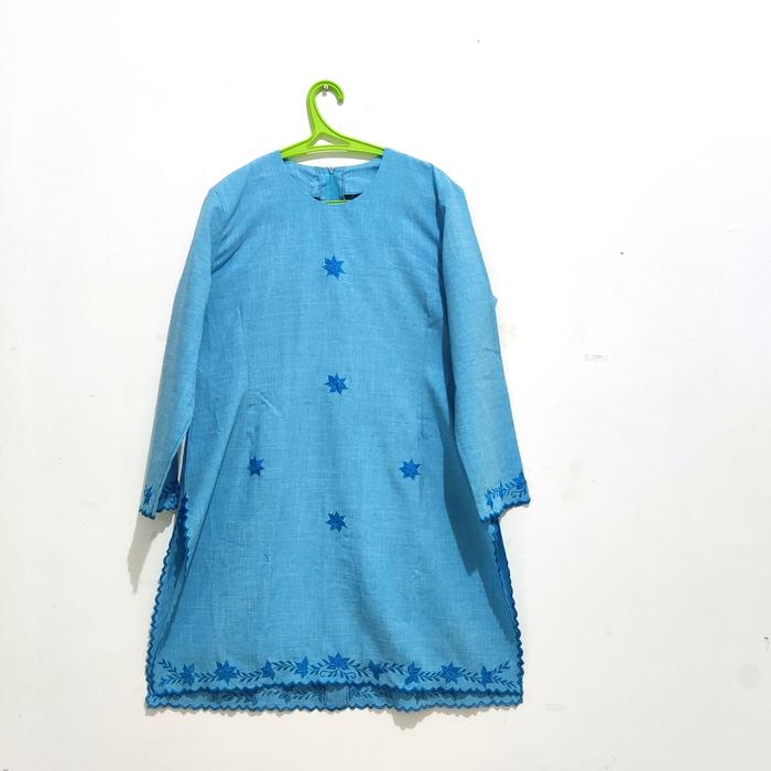 Blouse wanita / atasan tunik biru langit bordir