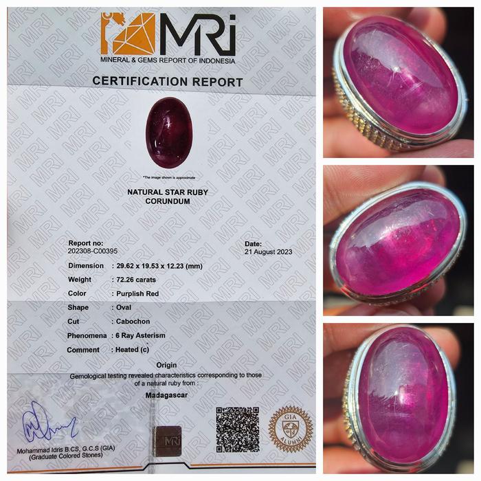 Batu Purplish Red Star Ruby Jumbo Sertifikat 72.26 crt