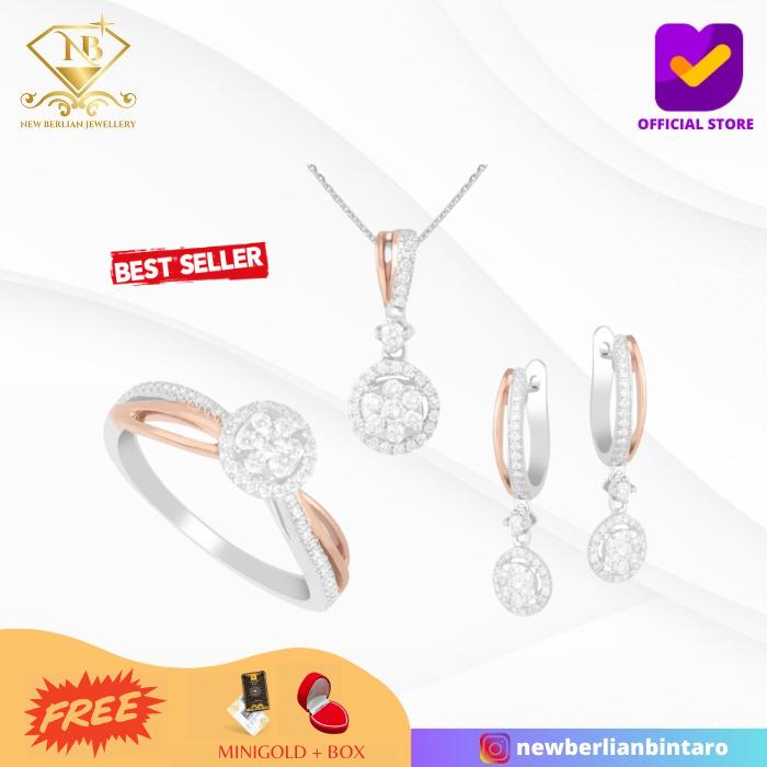 1set02 - cincin anting liontin berlian eropa natural emas asli 17K 750