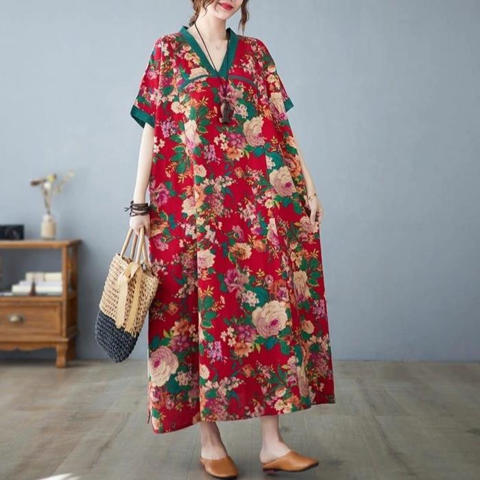 Loose Dress ASTERA Red Import/Dress Longgar Merah Motif Bunga Premium