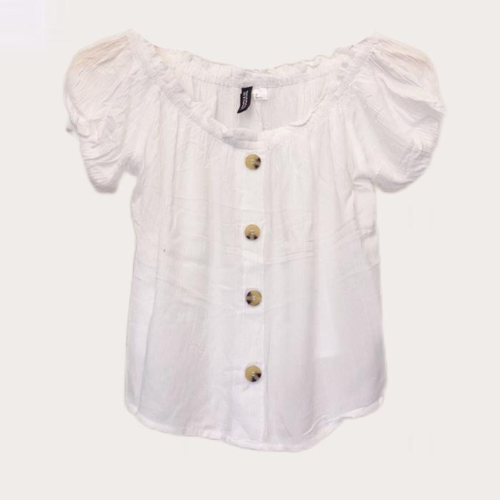 HNM WHITE SABRINA BUTTON CUT OFF SHOULDER CROP TOP