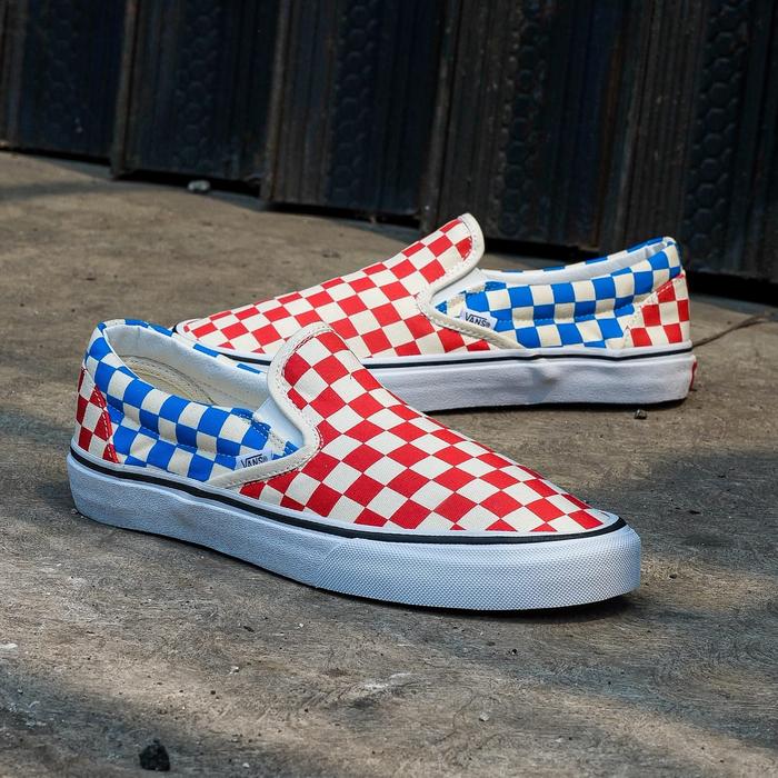 Vans Slip On Classic Checkerboard Red Blue Original