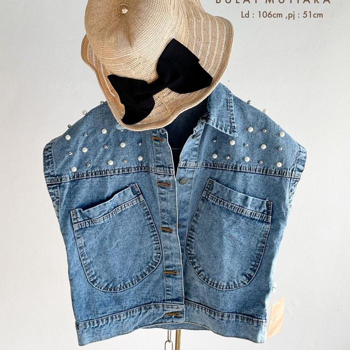 Real Pic Vest Rompi Jeans Bulat Mutiara Bahan jeans Tanpa Lengan Pearl