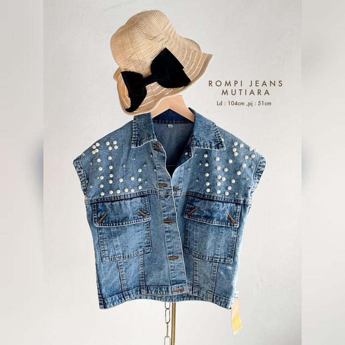 Real pic Vest Rompi Jeans Mutiara Bahan jeans Tanpa Lengan Pearl
