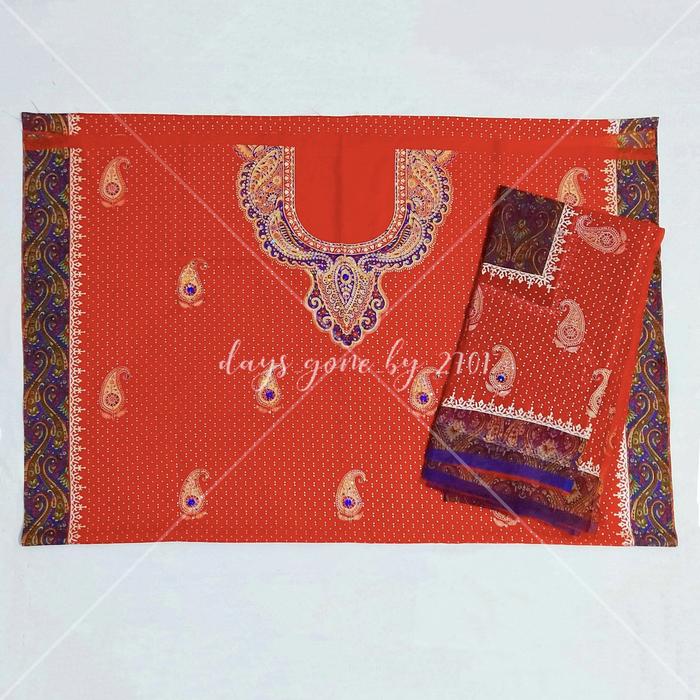 NOS 1 Set Kain Sari India Aksen Mote (Pola Kaftan Panjang & Selendang)