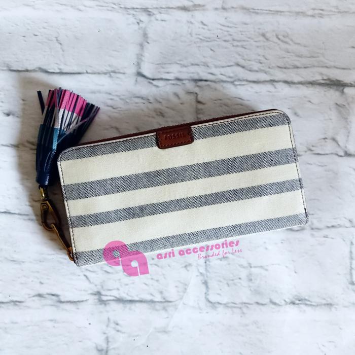 SALE * Preloved Fossil Emma RFID Zip Wallet Blue Stripe Dompet