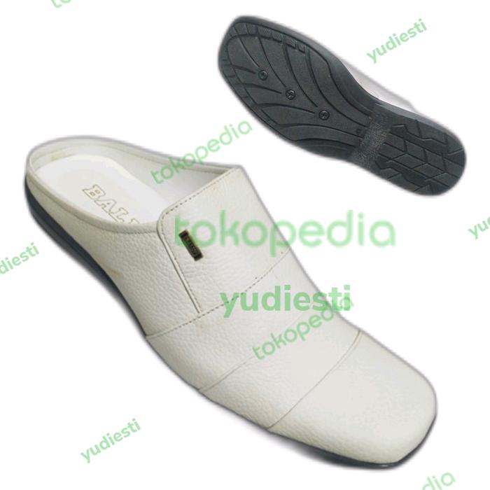 sepatu sandal bustong/slop pria kulit asli warna putih