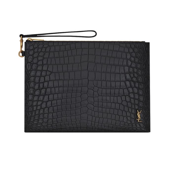 SAINT LAURENT Tiny Cassandre Zipped Tablet Holder Croco Embossed
