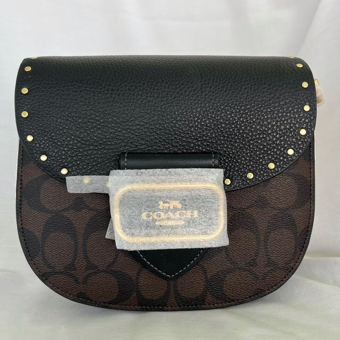 Tas Wanita Coach Signature Morgan Colorblock Rivets Saddle Bag Brown