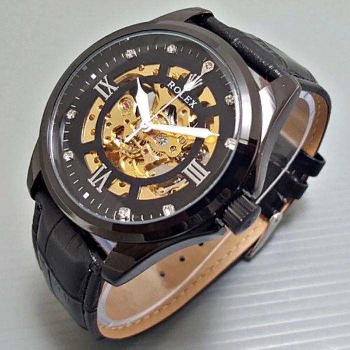 Jam Tangan Pria Otomatis Kulit All Black Transparan Otomatis