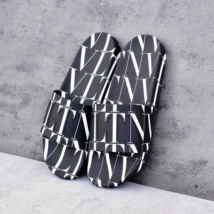 VLTN Slide Sandal in All Over Logo Black/ White
