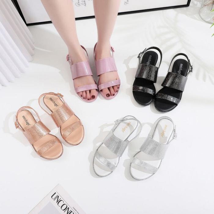 Meisha flat strap glitter sandal wanita import jelly shoes