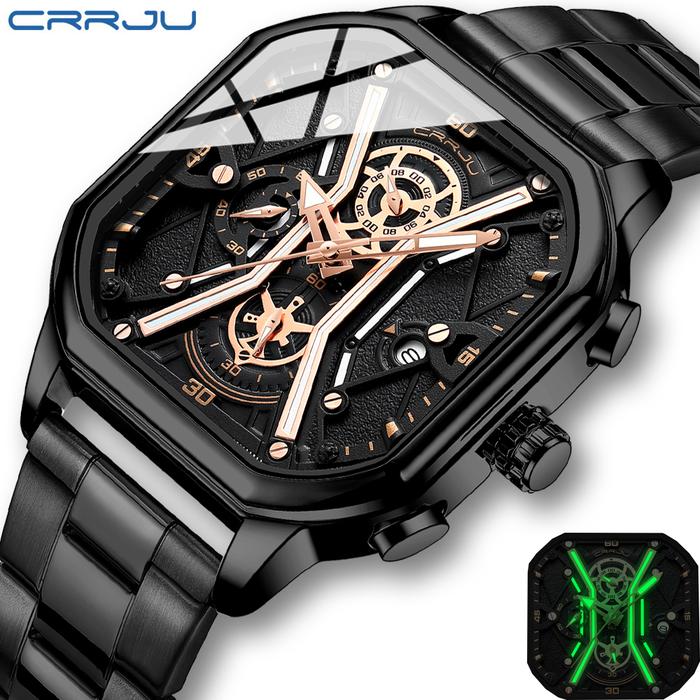 CRRJU Jam Tangan Pria Original Anti Air  Square Chronograph Bercahaya
