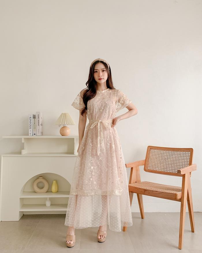 Dress Shannon Inner Tanktop bahan Tile Dot Lapis Furing outer brokat