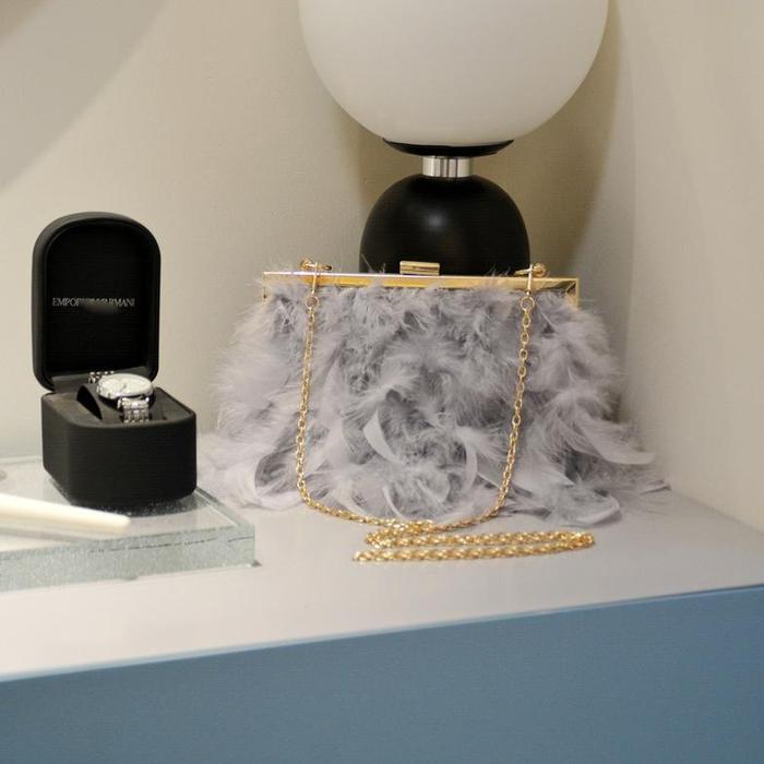 Turki Bulu Selempang Clutch Wanita Tas Bulu Burung Unta Mutiara Rantai