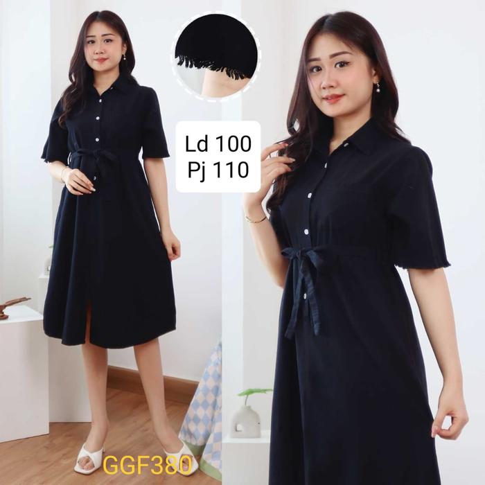 GGF380 Dress Wanita Jeans Hitam Snow Jumbo LD100 PJ110 Kancing midi