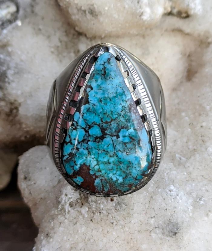 Natural Pirus Persia Biru Tua Urat Jala Teardrop Ring Monel Halus