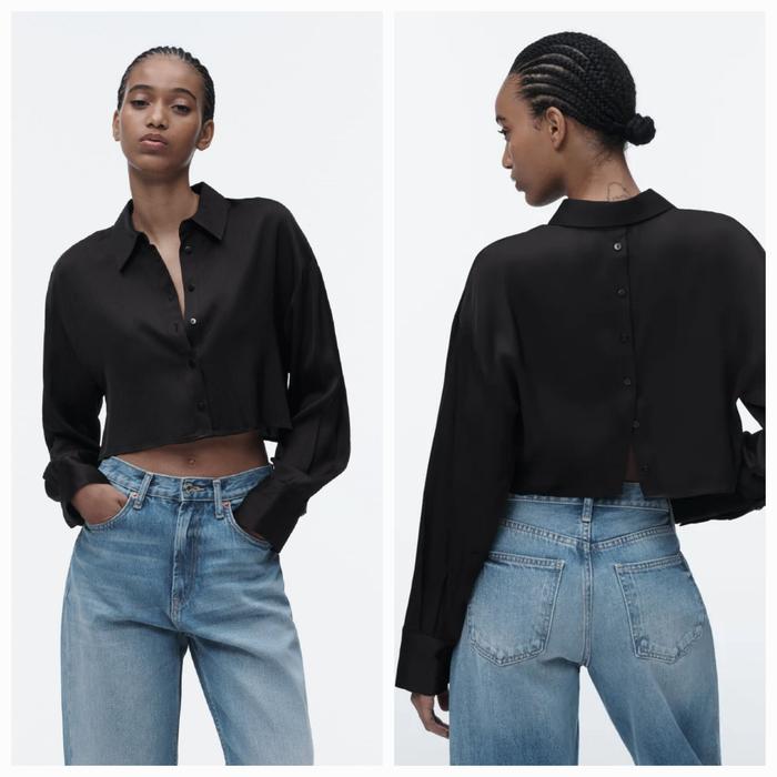 ZARA WOMAN KEMEJA SATIN EFFECT SHIRT HITAM BARU ASLI ORIGINAL
