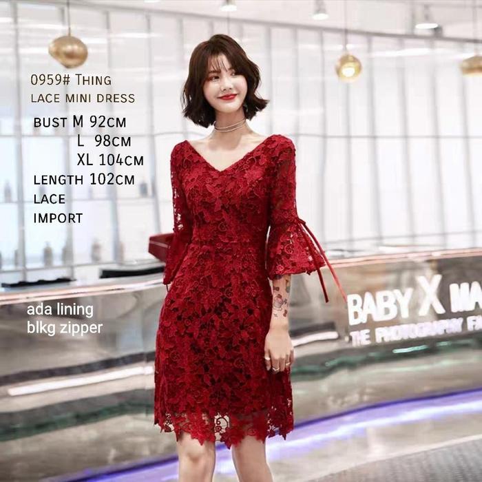 03DD 0959 Dress Mini Vneck Lace Brokat CNY Imlek Natal Thing Premium