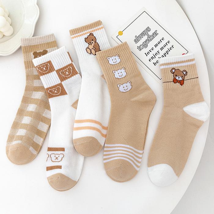 Kaos Kaki Panjang 6920 Motif Bear Cream Cute Unisex 100% Cotton Lembut Elastis Nyaman Digunakan Panj