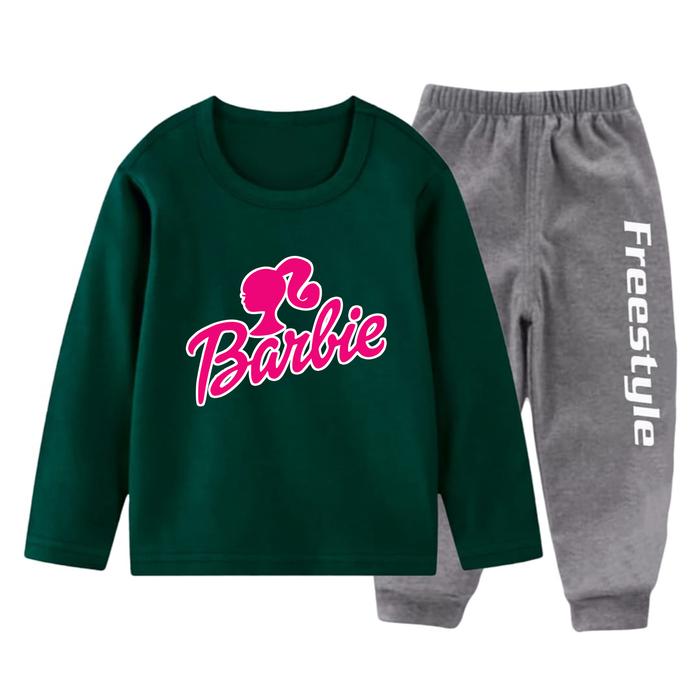 Setelan Baju Kaos Atasan Lengan Panjang Celana Panjang Anak-Anak Gambar BARBIE FONT Usia 2-11 Tahun 