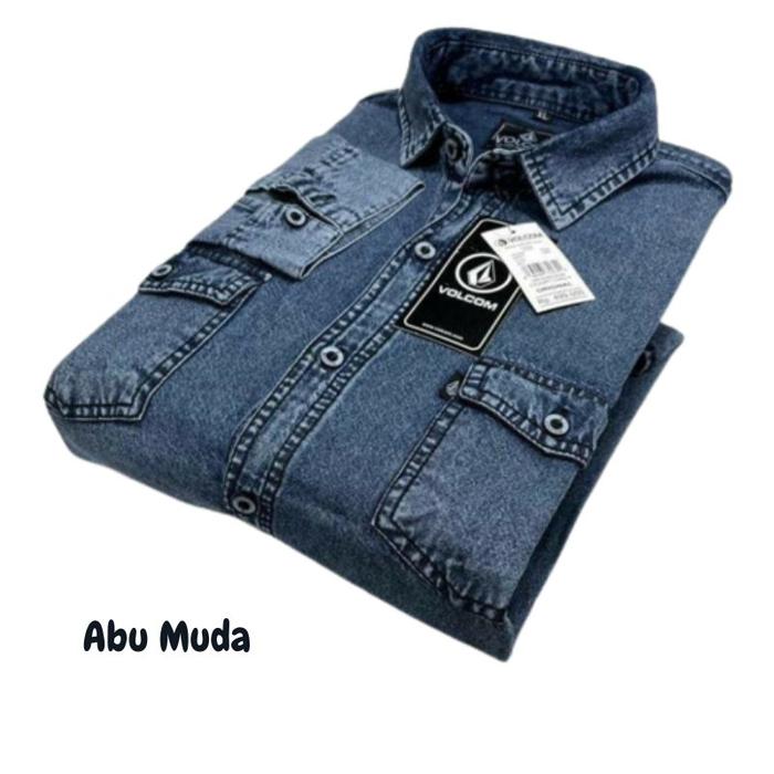 Kemeja Jeans Pria Lengan Panjang Volcom Biru Muda M L XL