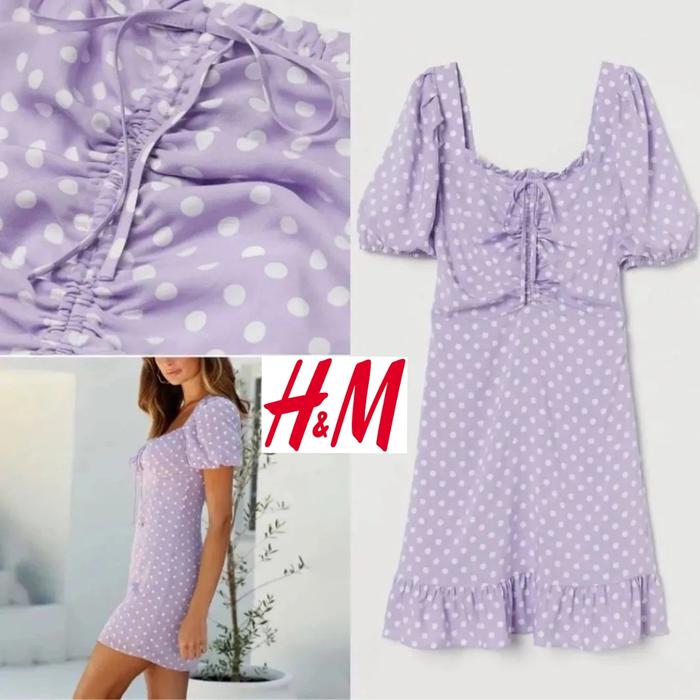 Square Neck Sleeve Balloon Lilac Dot Mini Dress