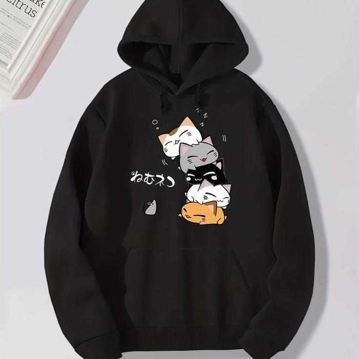 hoodie sweater wanita japanese anime cat Fleece Motif Tebal Unisex
