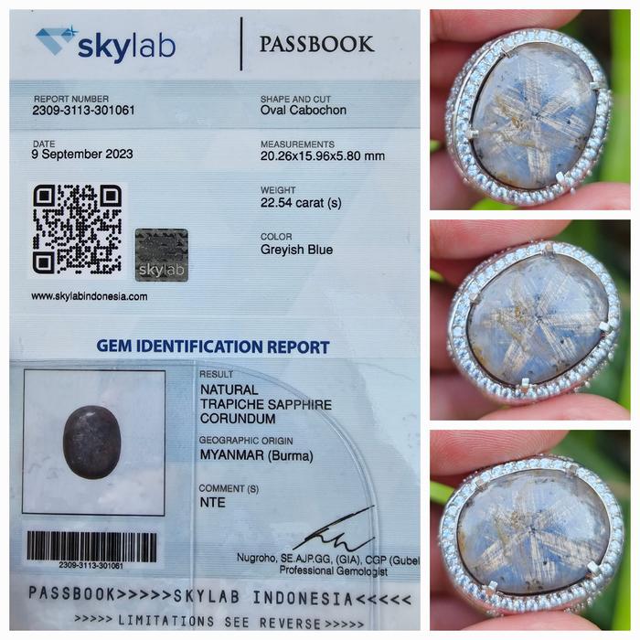 Batu Trapiche Sapphire No Heat Sertifikat 22.54  crt