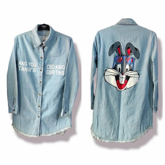 Kemeja Jean Denim Second Branded Bugs Bunny Korea M Slim Fit z79