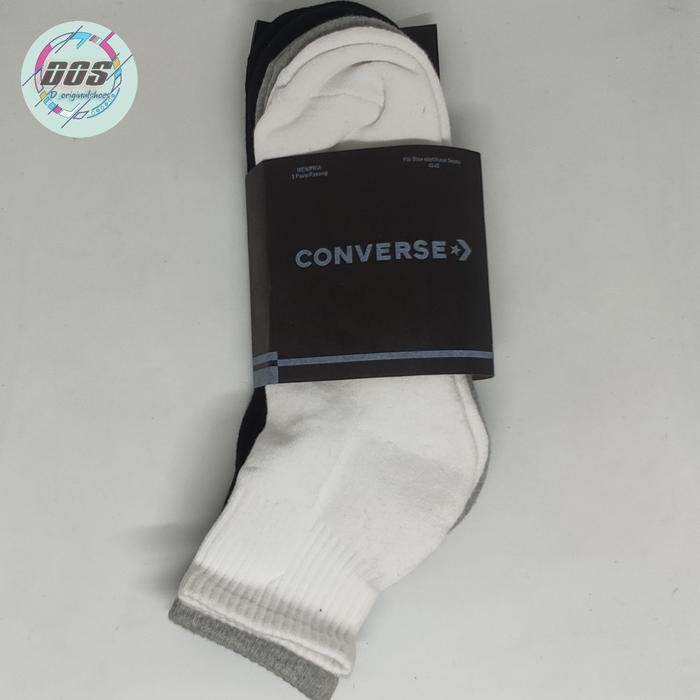 Converse Kaos Kaki Quarter Sock Unisex Original 3 Pasang Warna Hitam Abu Putih Bahan Cotton Anti Moc
