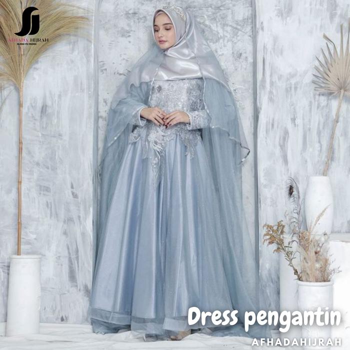 Gaun pengantin dress pesta syari formal grey terbaru baju hijab cadar