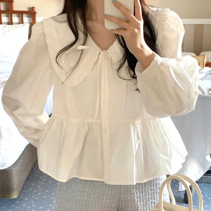 Blouse Putih Renda Lengan Panjang Korean Style Alena Baby Doll Muslim