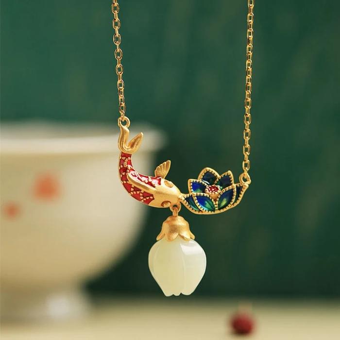 Kalung Hotan Jade Lotus - Fish Ancient Gold Luxury