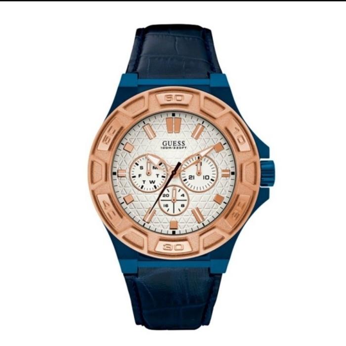 jam tangan pria original GUESS W0674G7 LEATHER  STRAP BLUE ROSEGOLD