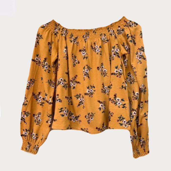 H&M YELLOW FLOWER SABRINA CUT OFF SHOULDER CROP TOP BLOUSE HNM