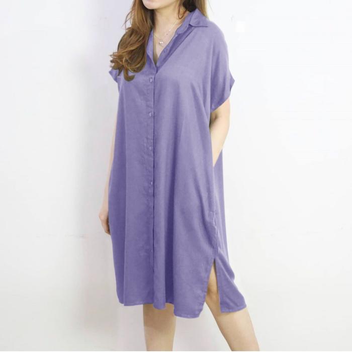 Warna Lilac ungu cantik tunik blus kemeja kancing panjang dress jumbo