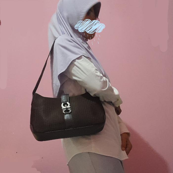 Preloved FONTAINE Tas Ketek/Bahu Vintage Fabric x Kulas (Kulit Asli) Cokelat Tua 26x17