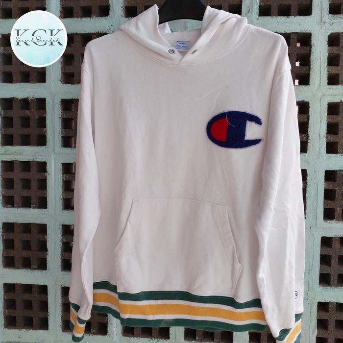 HOODIE CHAMPION PUTIH STRIP HIJAU KUNING JAKET PRIA SECOND