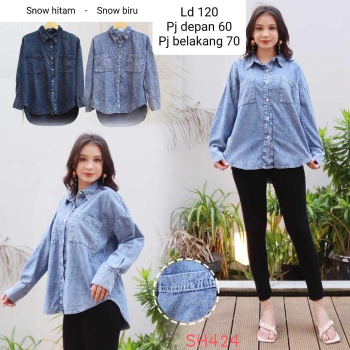 SH424 Kemeja wanita jeans denim SNOW lengan panjang polos LD120 blue