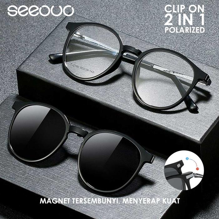 Seeouo Frame Kacamata ClipOn 2in1 Polarized Model Oval TR90+Metal 2186