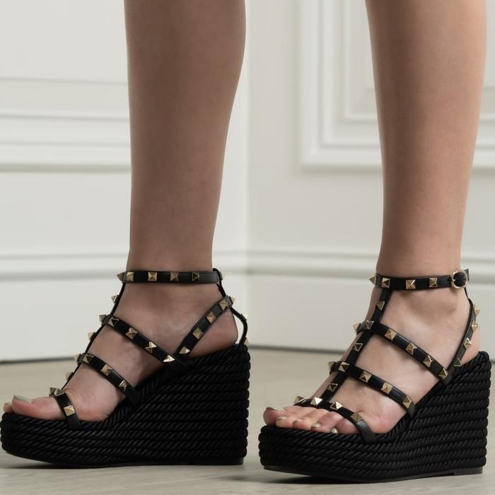 VLTN Rockstud Ankle Strap Wedge Sandal 95mm Black