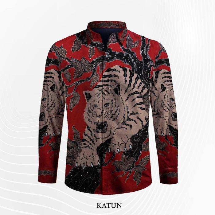 Kemeja batik pria lengan panjang bahan katun batik tulis motif harimau