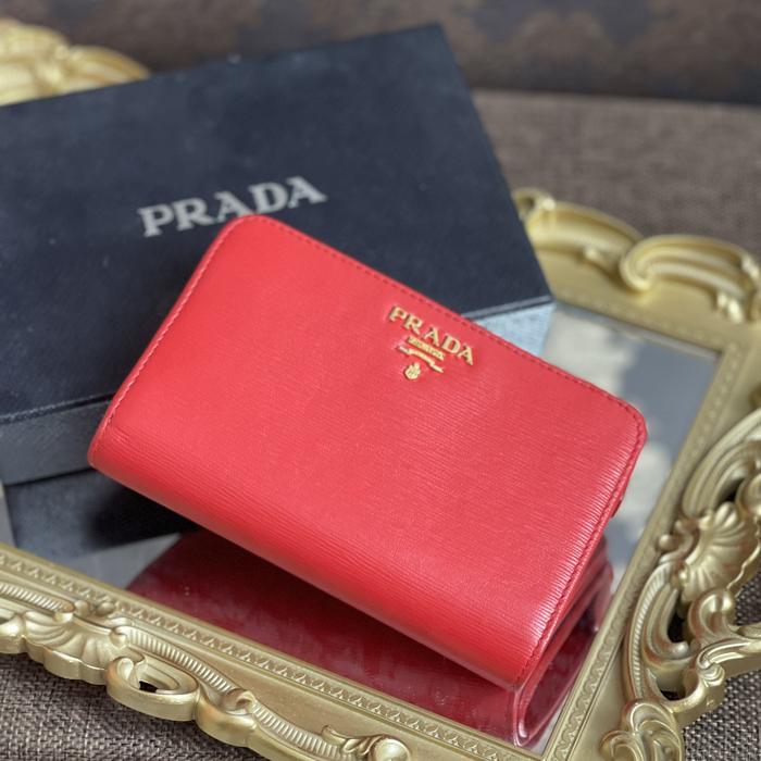 Original - Prada bifold wallet red saffiano GHW zipper coin cards cash