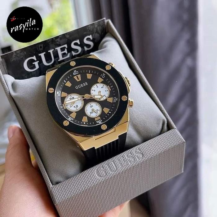 Jam Tangan Pria Guess GW0057G1 Poseidon Gold Black Silicone Strap