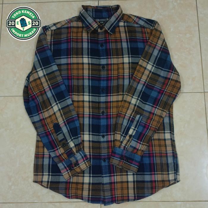 Kemeja Flannel Kotak Coklat Biru Import By UNIQLO, Size : L
